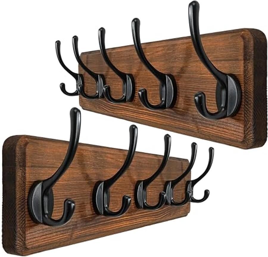 Houten Wandgarderobe met 5 Haken Set van 2 voor Jassen en Handdoeken