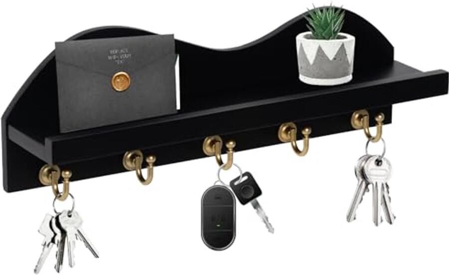 Houten Wandgemonteerde Sleutelhanger met 5 Haakjes en Plank voor Tassen en Jassen Modern Sleutel- en Briefhouder voor Woonkamer Kantoor Appartement en Entree