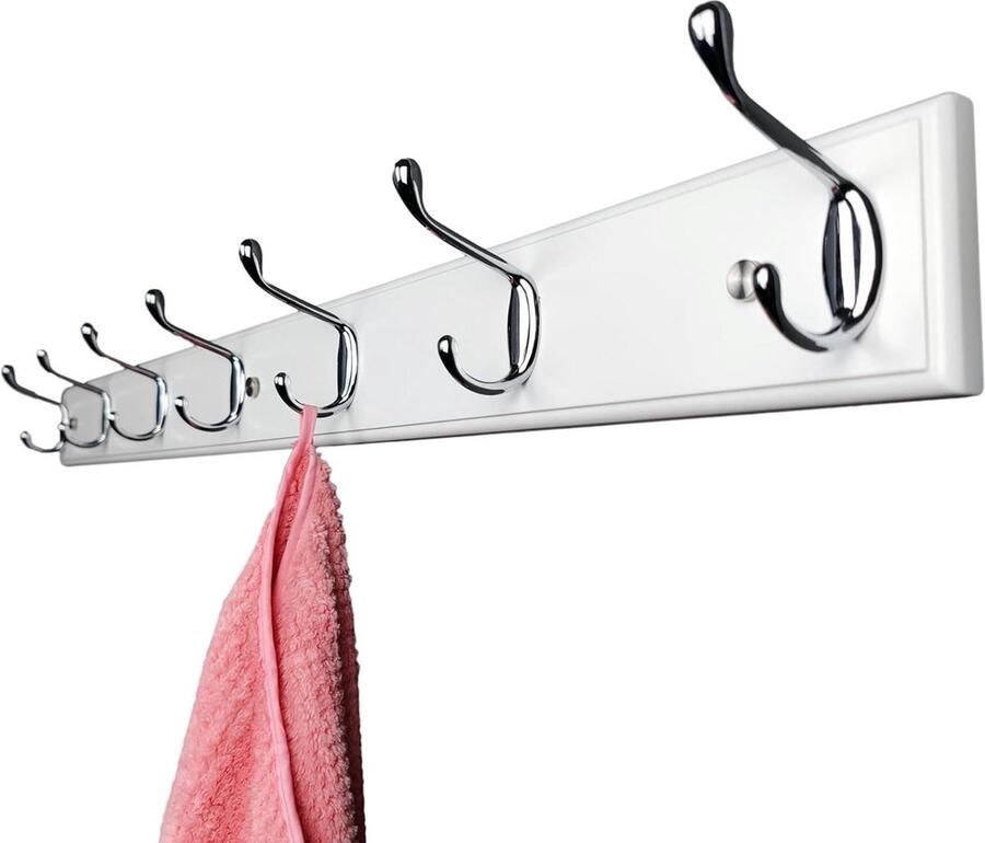 Houten wandkapstok 7 zilveren haken 90 cm sterke haaklijst moderne kapstok entree hal slaapkamer wit hook coat rack wall mounted