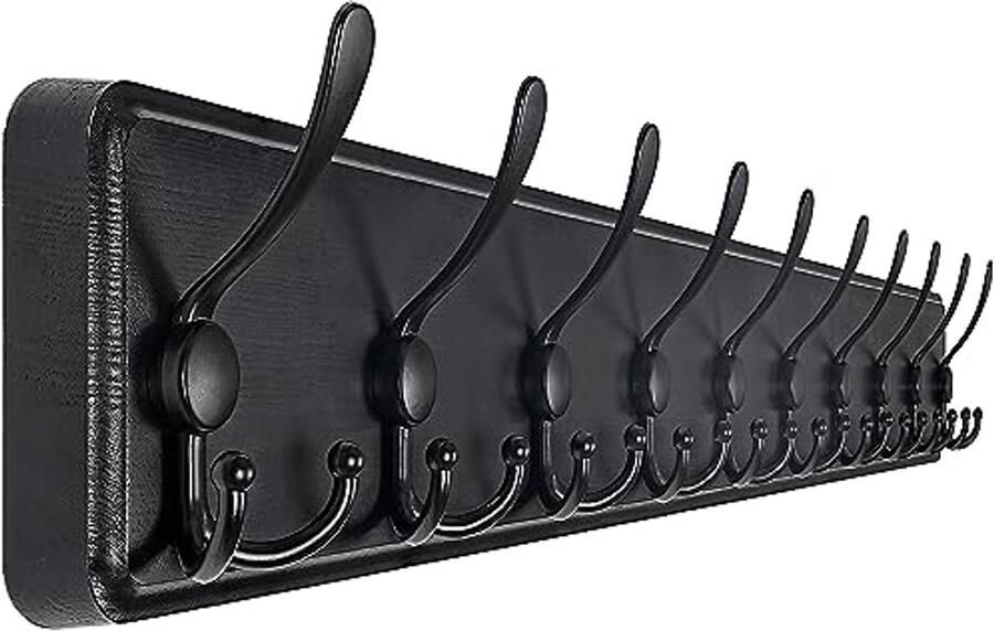 Houten Wandkapstok met 10 Haken Rustieke Muurbevestiging voor Kleding en Accessoires
