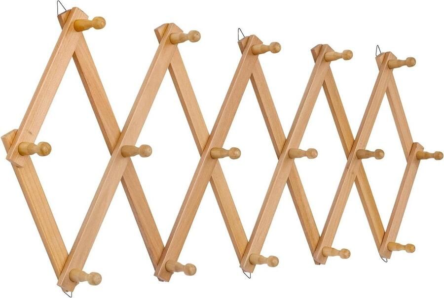 Houten wandkapstok met 16 haken voor garderobe vintage accordeon design