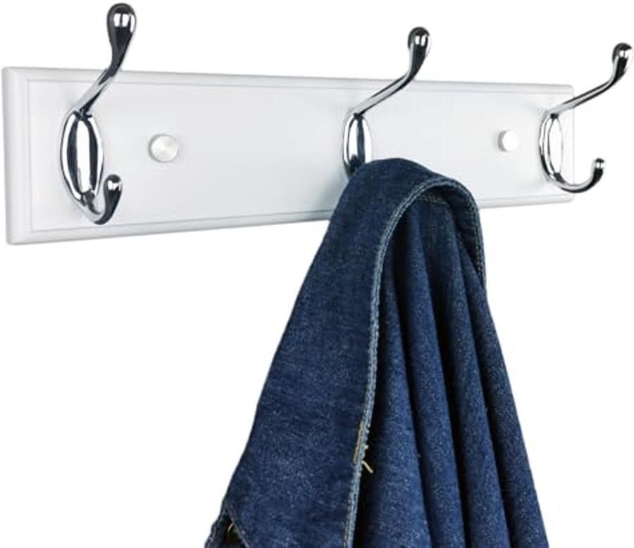 Houten wandkapstok met 3 zilveren haken 31 cm ideaal voor kleine hallen ingangen en kinderkamers wit