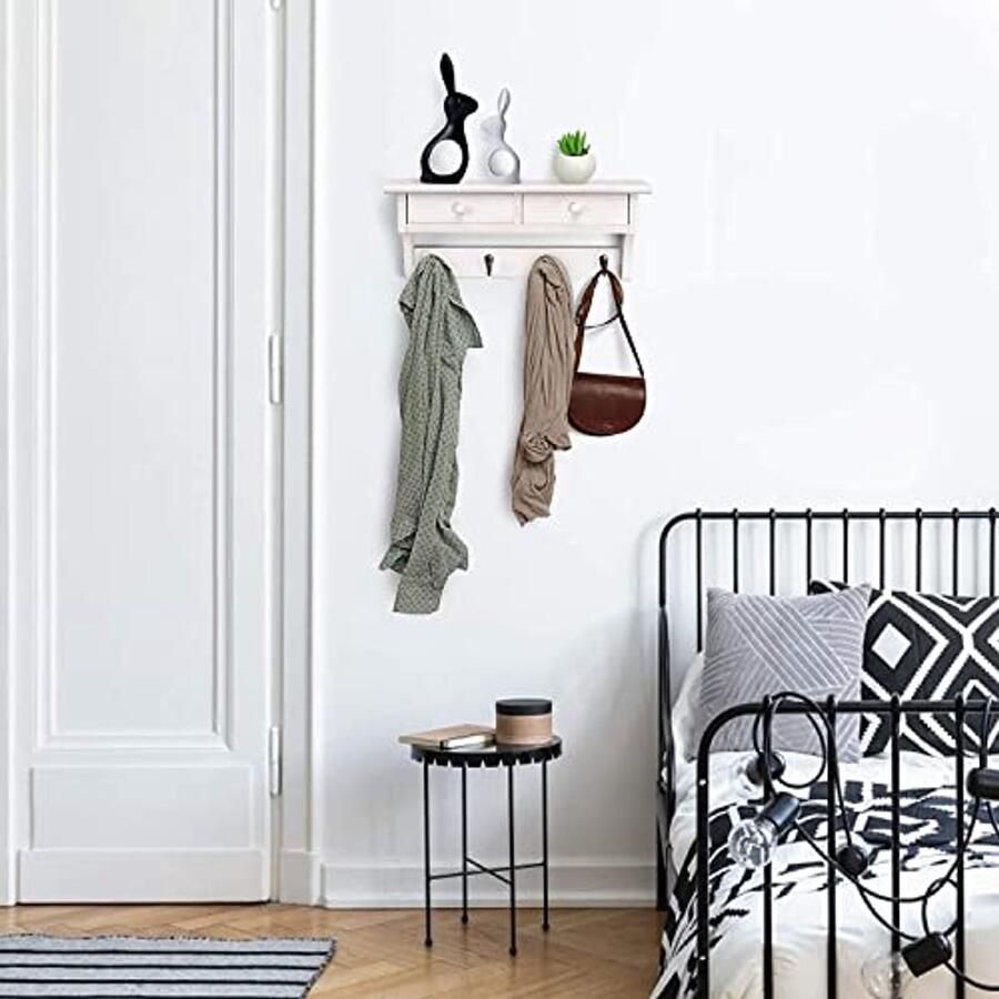 Houten Wandkapstok met 4 Haken en 2 Laden voor Woonkamer en Slaapkamer