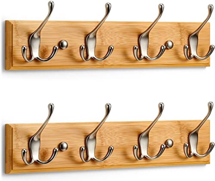 Houten Wandkapstok met 4 Matte Nikkel Haken 42 cm