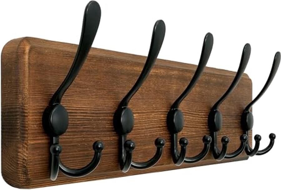 Houten Wandkapstok met 5 Drievoudige Haken 44cm Solid Wood Kapstok voor Jassen Bruin