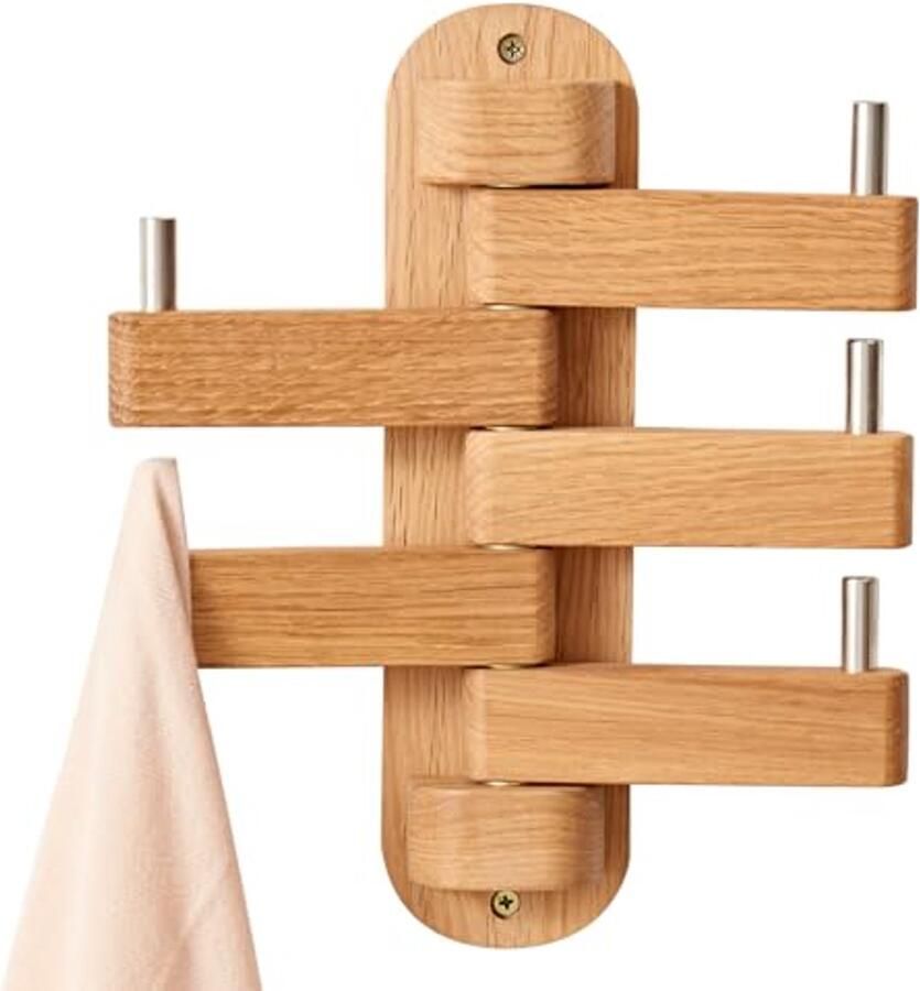 Houten Wandkapstok met 5 Haken voor Mantels Jassen en Sjaals Natuurlijk Eiken