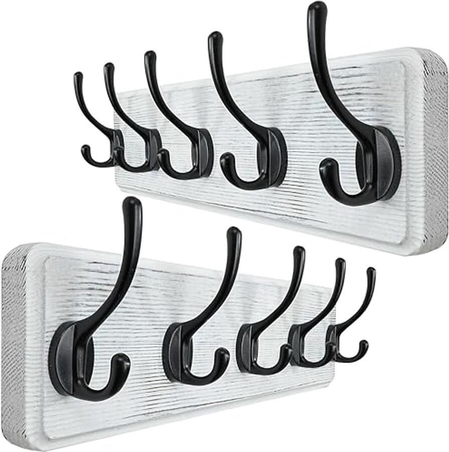 Houten Wandkapstok met 5 Haken Wit Zwart (2 Stuks)