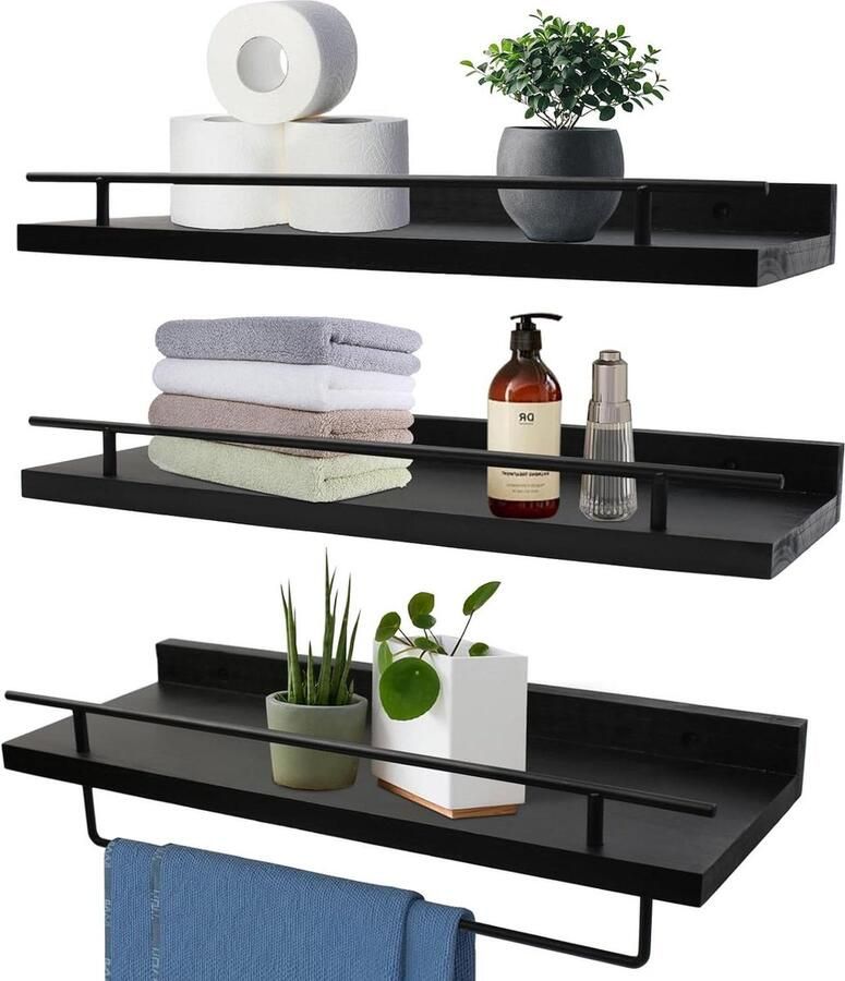 Houten wandplank belastbaarheid 20 kg zwart wandplanken met handdoekhouder 3-delige plank met 5 x haken zwevend rek 40 cm wandboard voor badkamer keuken slaapkamer MaxAwe