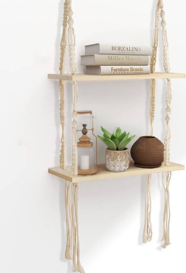 Houten wandplank Boho Macrame Wandhangende Plank Dubbellaagse Hangende Plank Wanddecoratie Bohemian Zwevende Plank Handgeweven Kwastje Chic Zwevende Plank voor Woonkamer Slaapkamer Badkamer