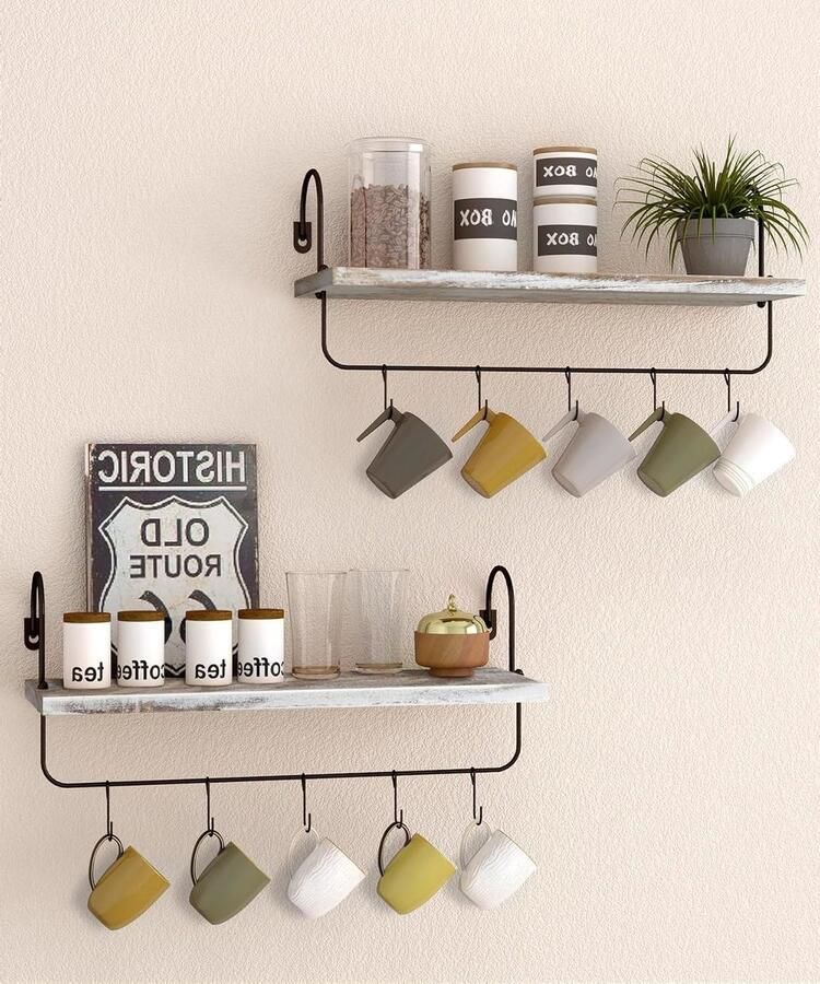 Houten wandplank koffiebar keukenplank set van 2 zwevende planken met handdoekhouder haken rustiek vintage industrieel design decoratieve hangplanken voor badkamer en keuken