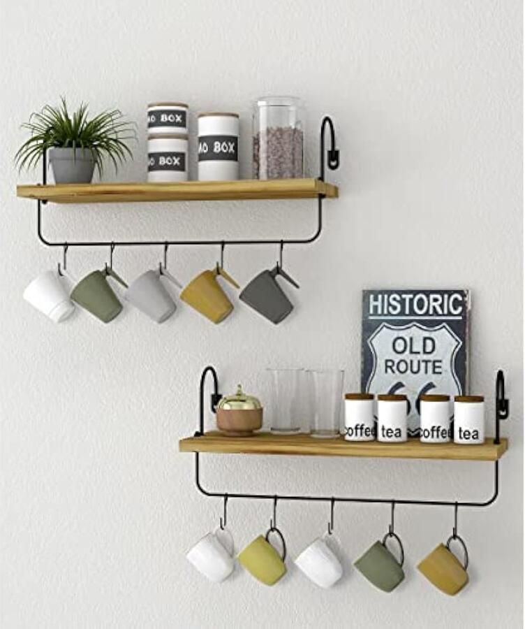 Houten wandplank koffiebar keukenplank zwevende plank set van 2 wandplank met handdoekhouder rustiek vintage industrieel ontwerp decoratieve hangplanken voor badkamer en woonkamer