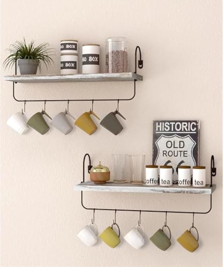 Houten wandplank koffiebar keukenplank zwevende planken set van 2 wandplank met handdoekhouder rustiek vintage industrieel ontwerp decoratieve hangplanken voor badkamer en woonkamer