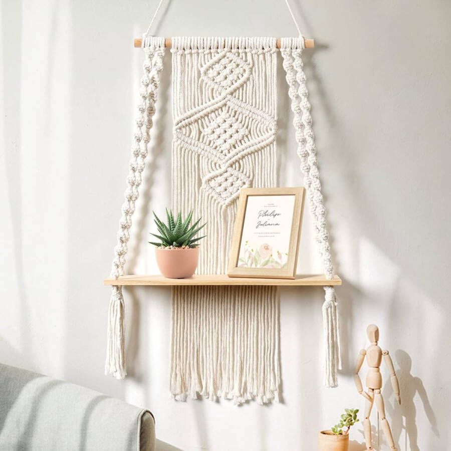 Houten wandplank macraméplank boho-wanddecoratie hangende plank hangende plantenbak handgeweven zwevende plank voor badkamer woonkamer kinderkamer balkon (ruit)