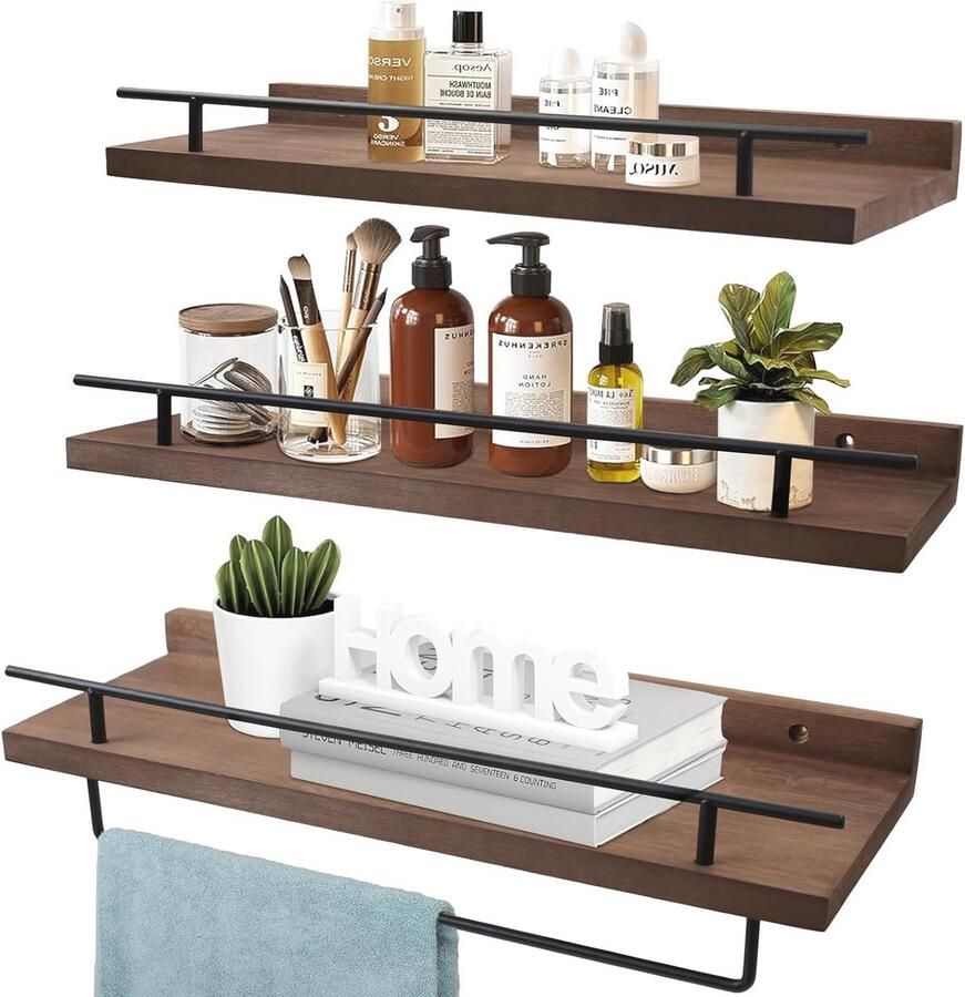 Houten wandplank met handdoekhouder en haken Zwevend wandrek voor badkamer keuken en slaapkamer 40 cm Belastbaarheid 20 kg