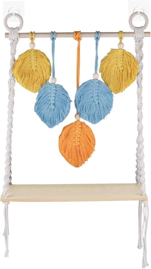 Houten Wandplank met Macramé Ophangsysteem voor Boheemse Sfeer in Elke Kamer