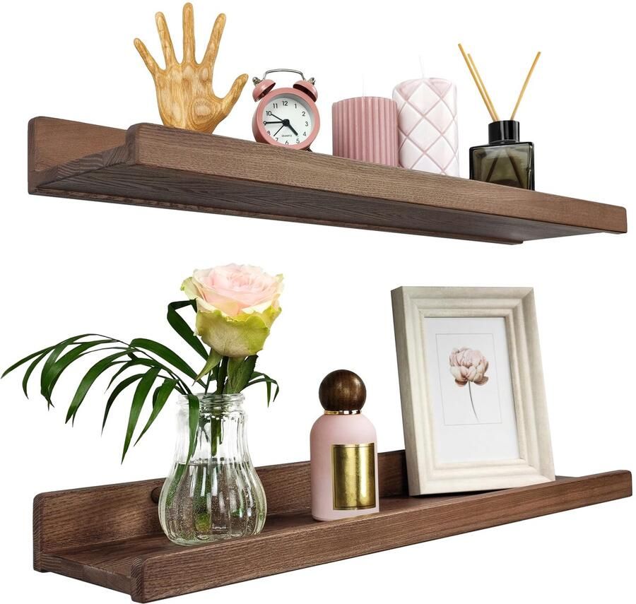 Houten wandplank met wigvorm 60 cm set van 2 houten wandplanken hangende plank wandplank moderne zwevende plank smalle schilderijlijst voor badkamer woonkamer keuken slaapkamer (walnoot)
