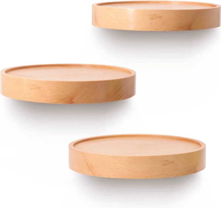 Houten wandplank zwevend rek rond kleine wandplank planken wandplanken decoratief rek plantenrek houten plank wandplank hangplank beukenhout set van 3 stuks lichtgeel (diameter Ø 15 cm)