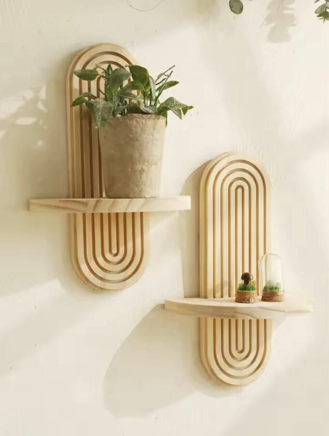 Houten Wandplanken in Boho-stijl Geometrische Wandplanken Natuurlijke Houten Afwerkink Modern Huisdecor Plant Decoratief
