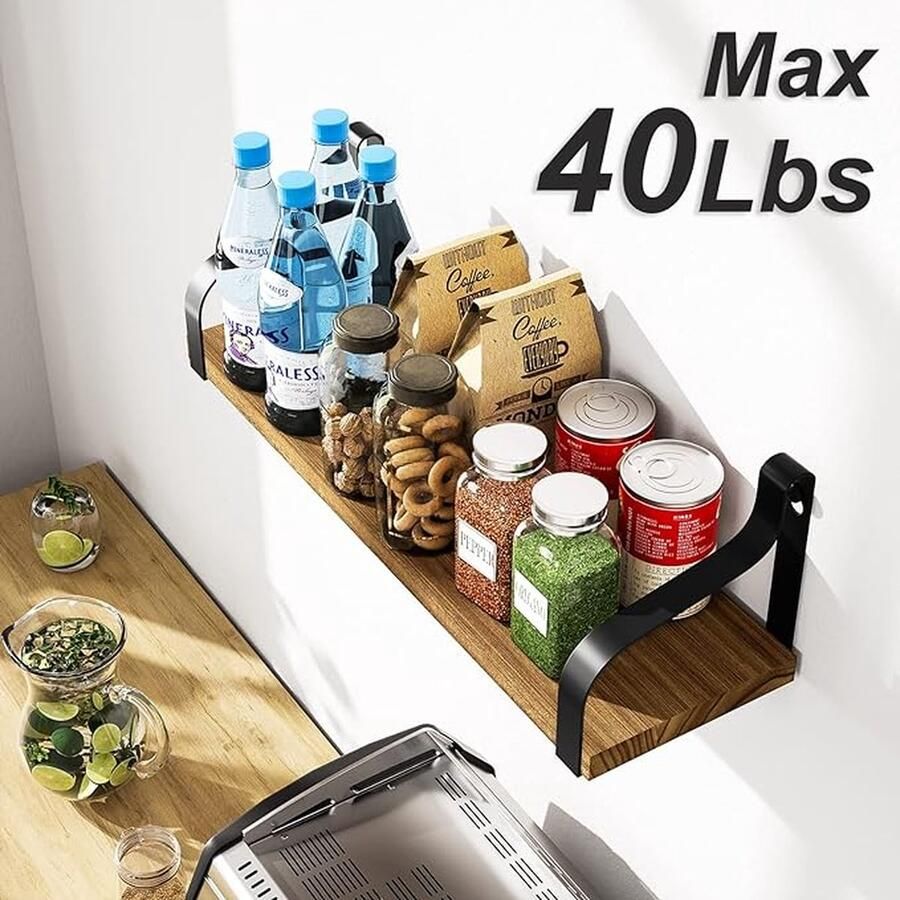 Houten wandplanken in donkerbruin in een rek met een hangend zwevend ontwerp in U-vorm een set van 3. Ideaal voor de badkamer kinderkamer woonkamer en keuken. De lengtes zijn 43 33 23 cm