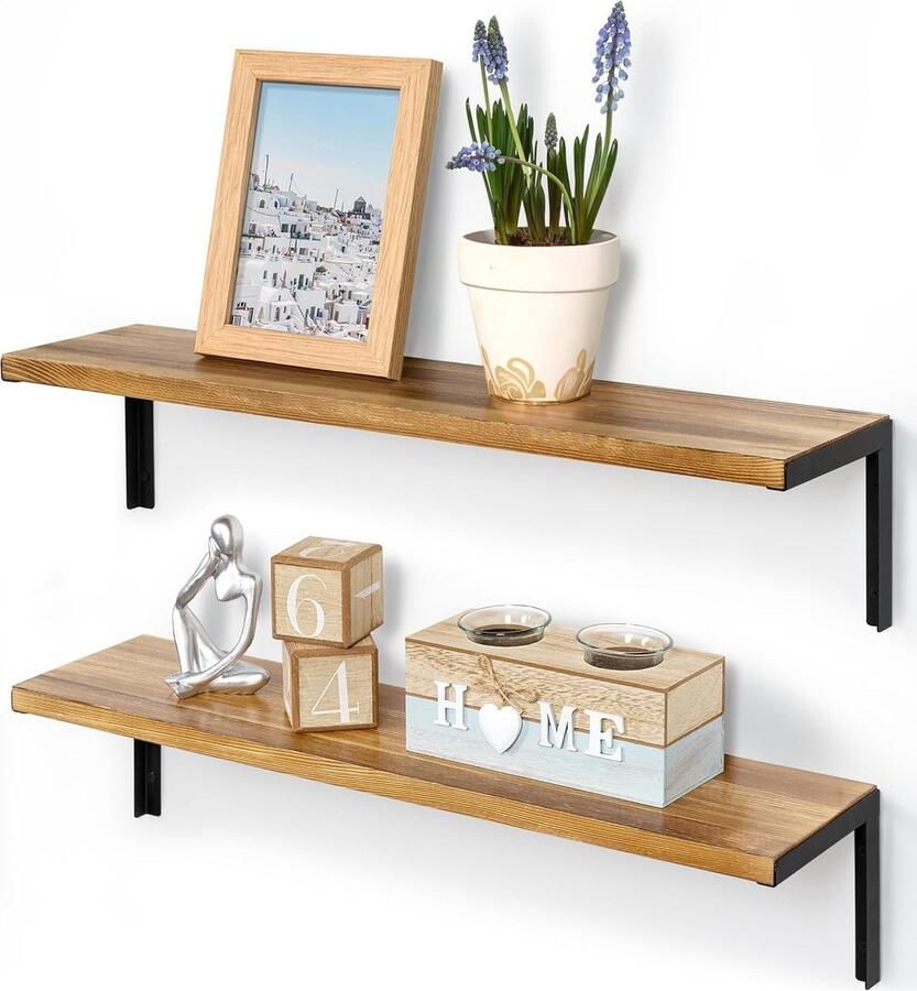 Houten wandplanken set van 2 metalen planken zwevende planken lange muurhangende planken natuurlijke decoratieve opbergplanken voor keuken slaapkamer woonkamer badkamer 60 cm