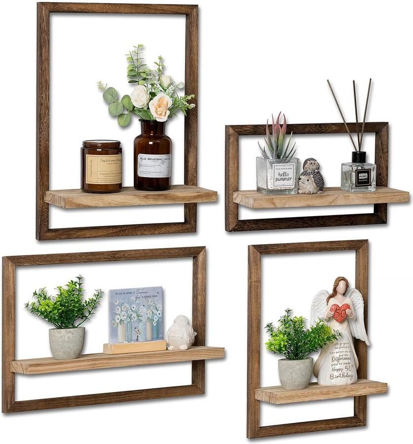Houten wandrek decoratie woonkamer hangrek rustieke wanddecoratie set van 4 wandplank zwevende plank plantenrek wandplank decoratie esthetisch bruin