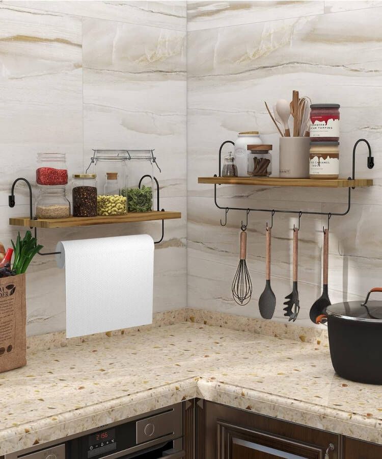 Houten wandrek koffiebar keukenrek zwevende plank set van 2 wandboard met handdoekhouder haken rustiek vintage industrieel design decoratie hangrekken voor badkamer woonkamer - Foto 2