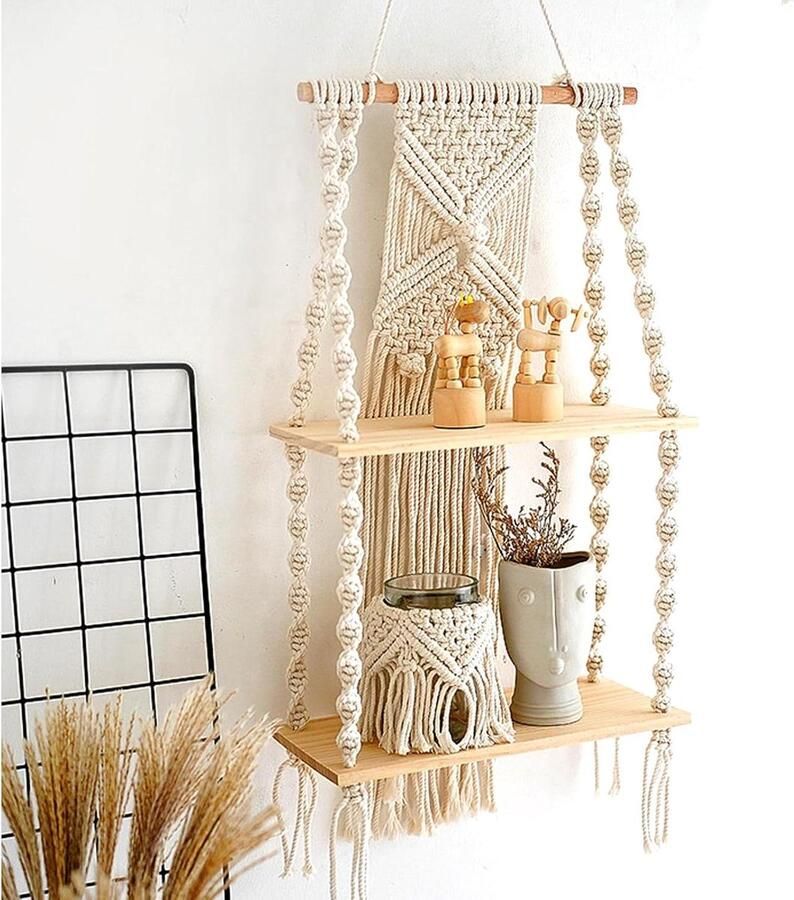 Houten wandrek met boho-macramé decoratieve zwevende plank 1 stuk natuurlijk drijfhout 75 x 30 cm
