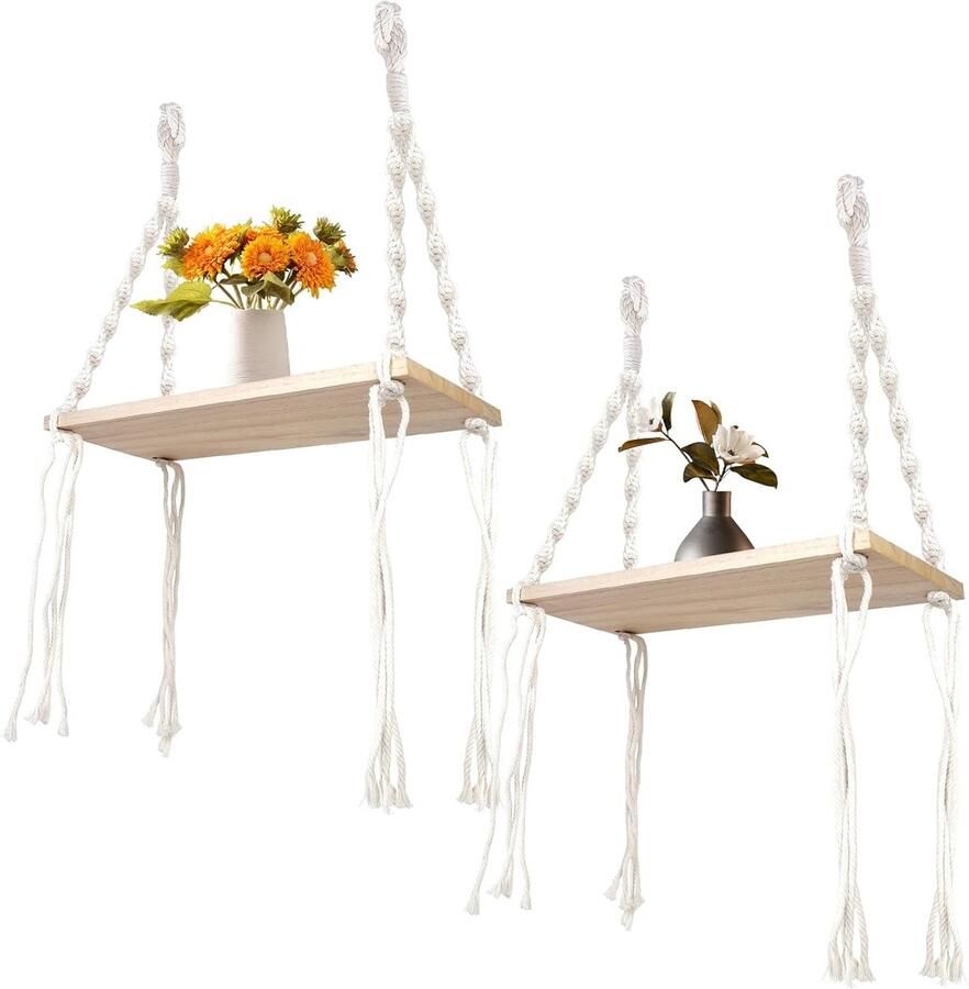 Houten wandrek met macramé Boho stijl 1 stuk 40x15 cm Hout