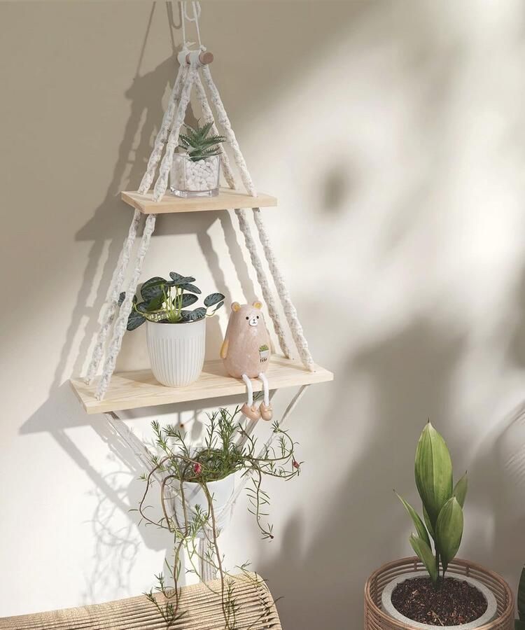 Houten Wandrek Met Macramé Voor Boheemse Wanddecoratie Zwevend Rek Voor Woonkamer Slaapkamer Hal Balkon - Foto 2