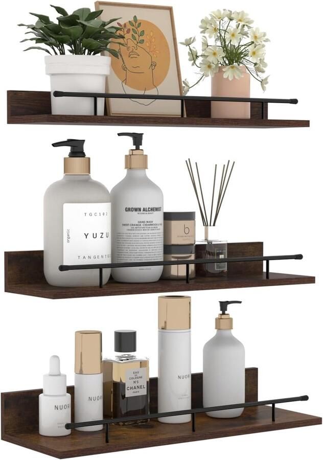 Houten wandrek set Klein zwevend rek met fotolijst en zwarte leuningen Geschikt voor woonkamer keuken kinderkamer slaapkamer en kantoor 3 verschillende maten