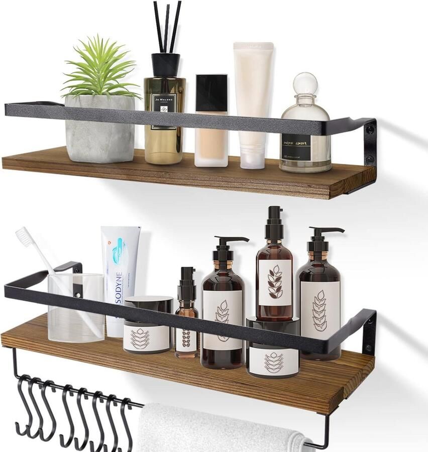 Houten Wandrek Set van 2 met Handdoekhouder Zwevende Planken voor Badkamer Keuken Woonkamer en Kantoor