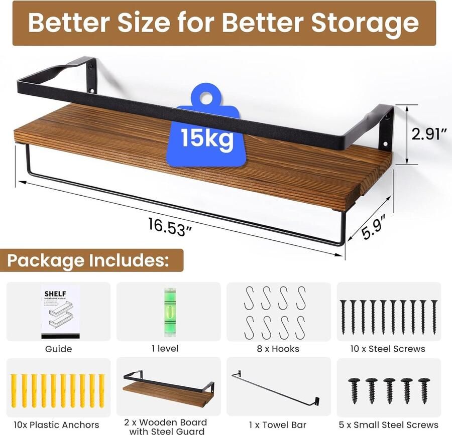 Houten wandrek set van 2 met handdoekhouder zwevende planken wandopbergrek hangrek ideaal voor badkamer keuken woonkamer kantoor slaapkamer (met haken)