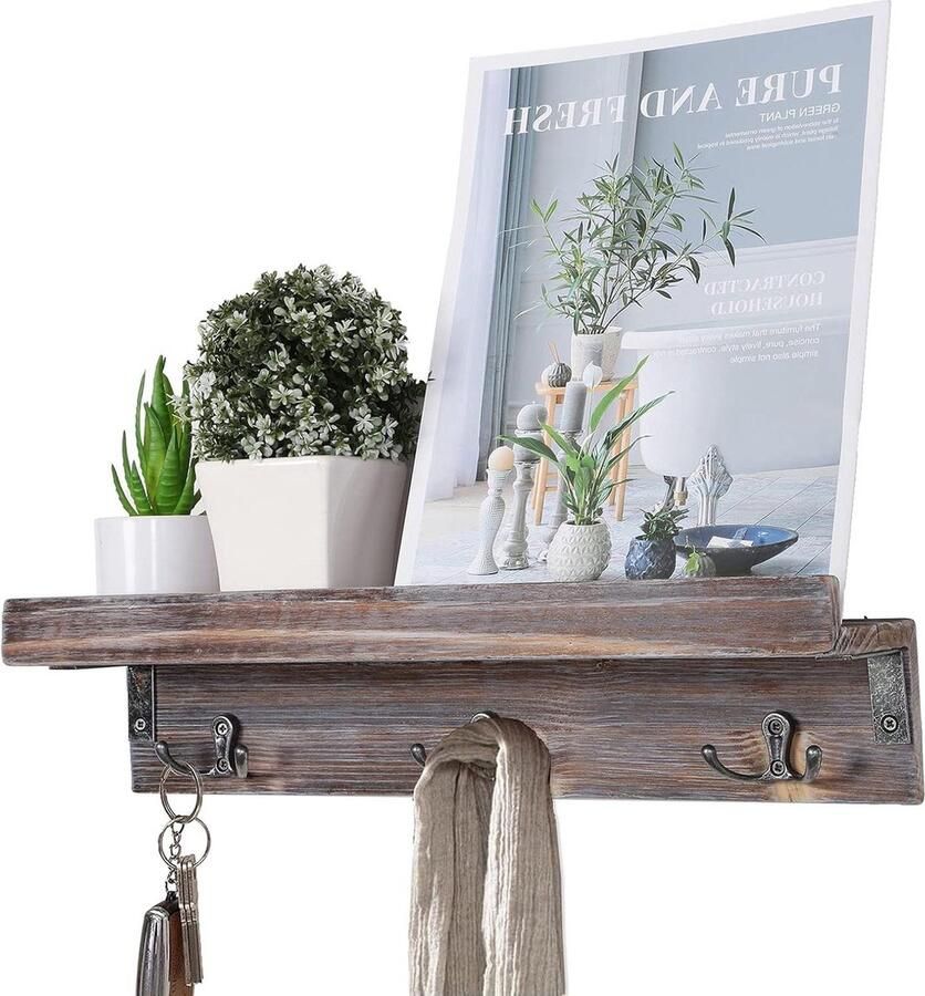 Houten wandrek Sleutelrek en organizer 3 haken Hout 40cm