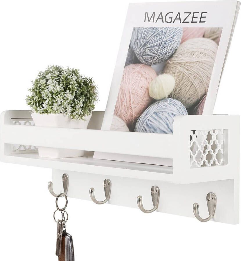 Houten wandrek voor organizer keuken kruidenrek wandrek met 4 haken voor sleutelplank opbergruimte badkamer boekenkast van hout voor slaapkamer wanddecoratie kantoor en huishouden. (wit)