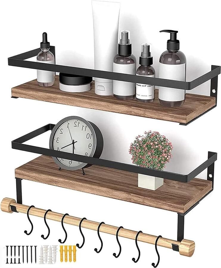 Houten wandrek zwevend rek wandrek keuken 2 stuks plank met handdoekhouder en 8 haken wandrek voor keuken woonkamer badkamer wanddecoratie