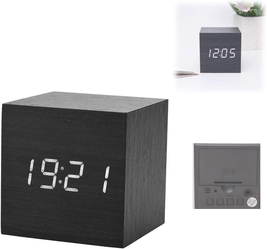 Houten wekker 6 x 6 x 6 cm Digitale houten wekker op batterijen tijd- en temperatuurweergave moderne houten klok voor nachtkastjes en bureaus (donker hout + wit licht)