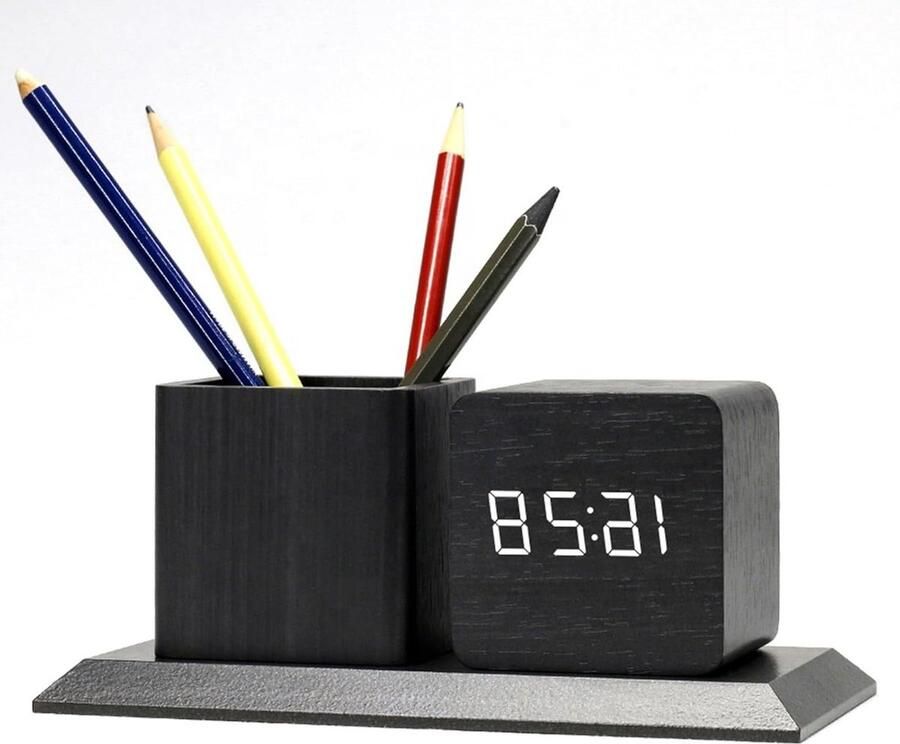 Houten Wekker Pen Houder Bureau Organizer voor Thuis en Kantoor 3 Alarm Setting Dimmer Verstelbare Slaapkamer Decoratie Zwart
