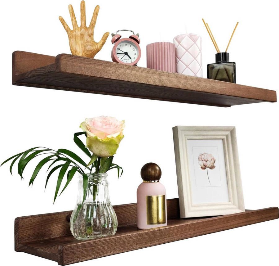 Houten Wig Set van 2 zwevende wandplanken rustieke houten rekken met lip kinderboekenplanken foto- en fotorek voor slaapkamer woonkamer badkamer keuken kantoor (walnoot Amerikaans 60 cm)