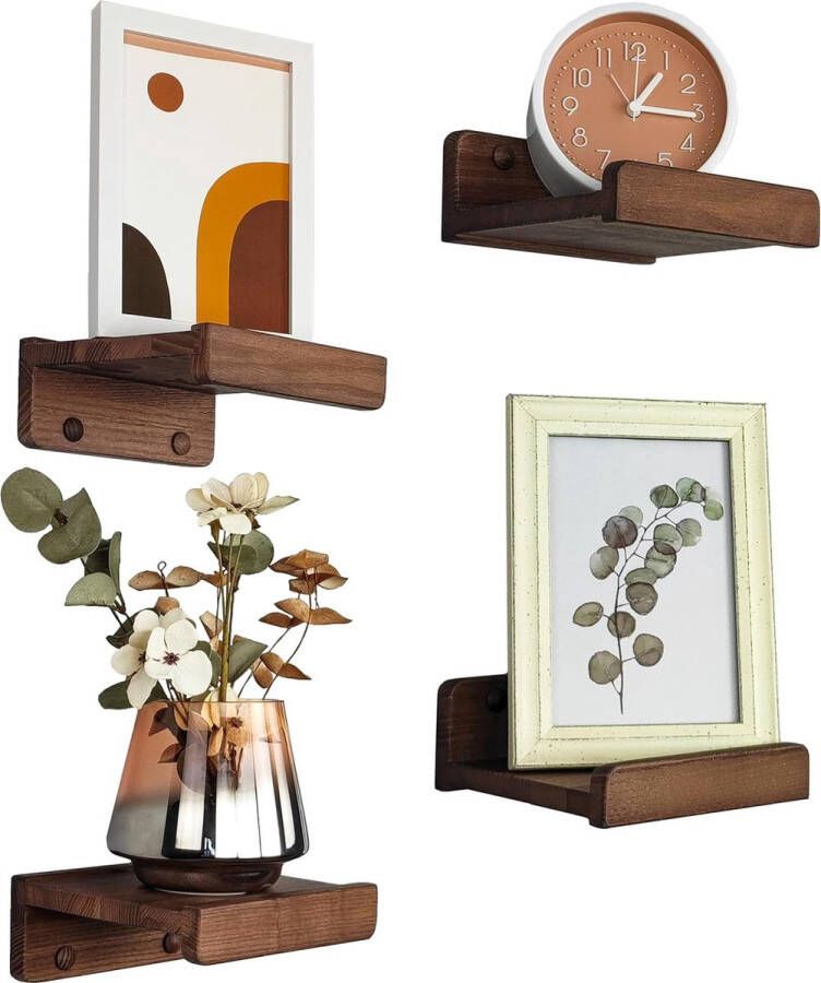 Houten wigset van 4 zwevende wandplanken rustieke houten planken met lip kinderboekenplanken foto- en fotoplank voor slaapkamer woonkamer badkamer keuken kantoor (notenhout 13 cm)