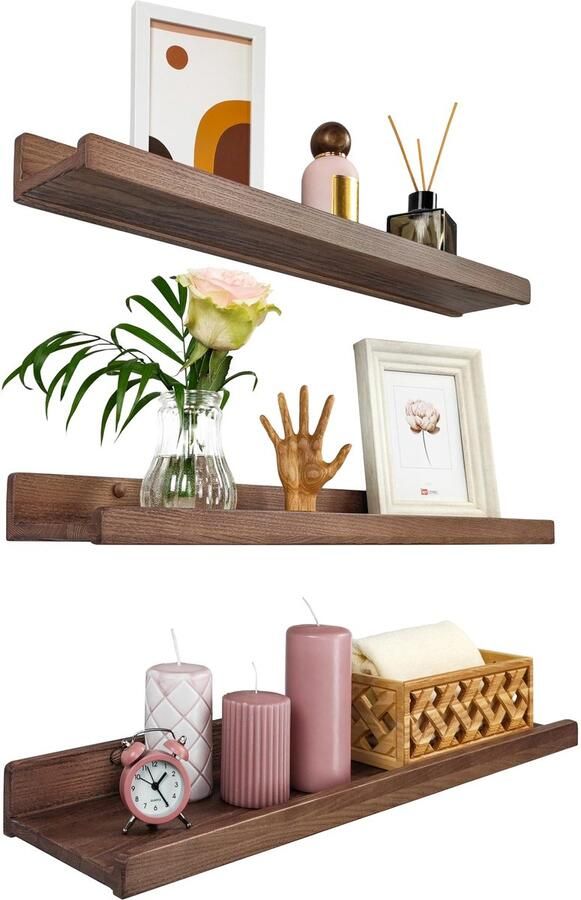 Houten wigvormige wandplank 60 cm set van 3 houten wandplanken hangende plank wandplank moderne zwevende plank smalle schilderijlijst voor badkamer woonkamer keuken slaapkamer (walnoot)