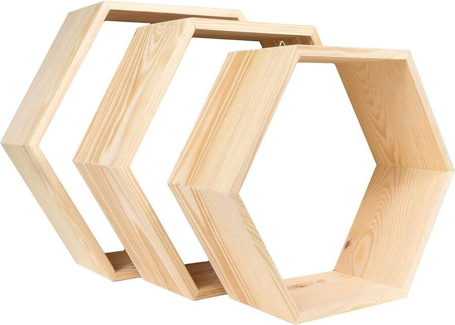 Houten zeshoekige wandplanken Honingraatplanken Set van 3 planken hexagon shelves