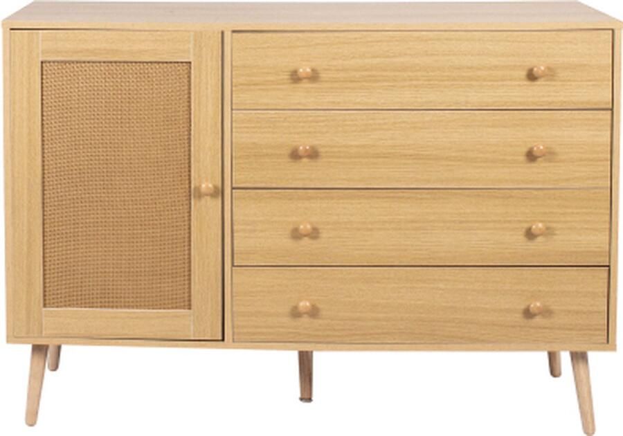 Zonder merk Gotagee Houten zijkast met 4 lades en 1 kastdeur woonkamermeubel locker rotan textuur ladekast