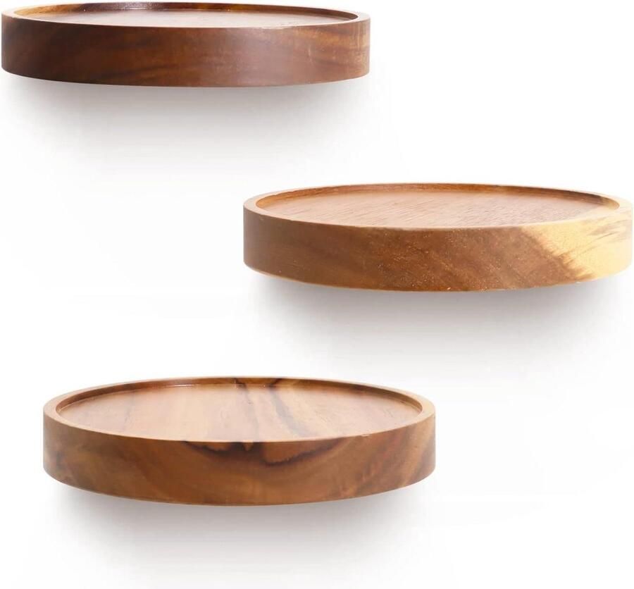 Zwevende Houten Wandplank rek rond kleine wandplank planken wandplanken decoratief rek plantenrek houten plank wandplank hangplank beukenhout set van 3 bruin (diameter Ø 15 cm) - Foto 2