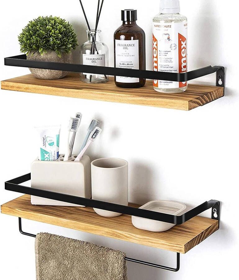 Houten zwevende plank Wandgemonteerde zwevende plank 2 sets grenen rustieke decoratieve plank met afneembaar handdoekenrek Houten wandplanken voor woonkamer badkamer