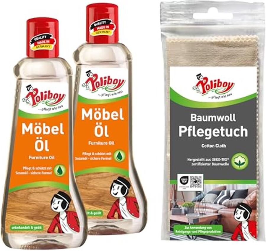 Houtverzorgingsolie voor onbehandelde en geoliede houten meubels kleurloze meubelolie 2x 200 ml incl. katoenen doek