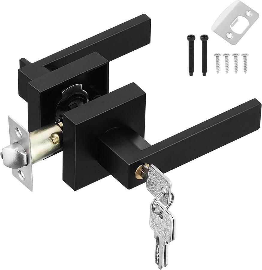 HSEAMALL Door Handle Lock Black Interior Door Handle with Lock and Key Square Entrance Door Handle for Bedroom Office Left or Right Handed
