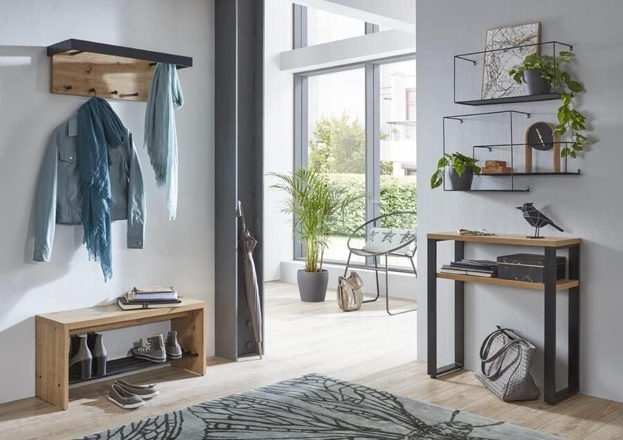 HTML Content Wandkapstok van HAKU Möbel MDF Eiken Zwart B 70 x D 25 x H 24 cm kapstok hangend met plank