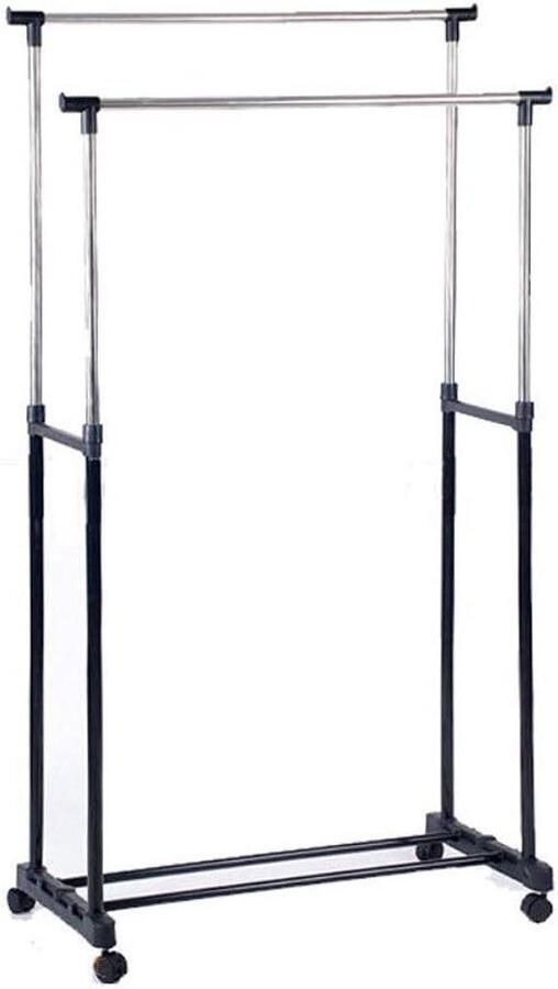 Html Kledingrek Hoogte Verstelbaar Dubbele Metalen Stangen Wieltjes Kleding Organisatie Wasrek Opbergen Schoenen Dozen