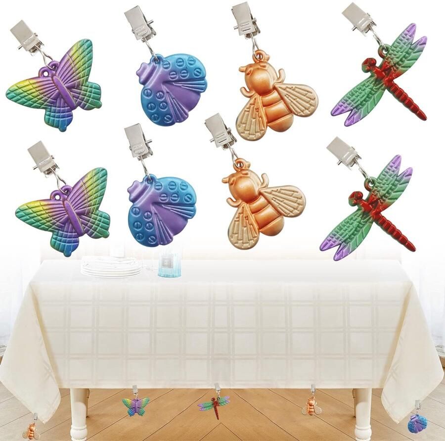Huahuanghui 8 stuks tafelkleedgewichten roestvrij staal tafelkleedgewichten met clips tafelkleedgewichten vlinder tafelkleedclip buiten