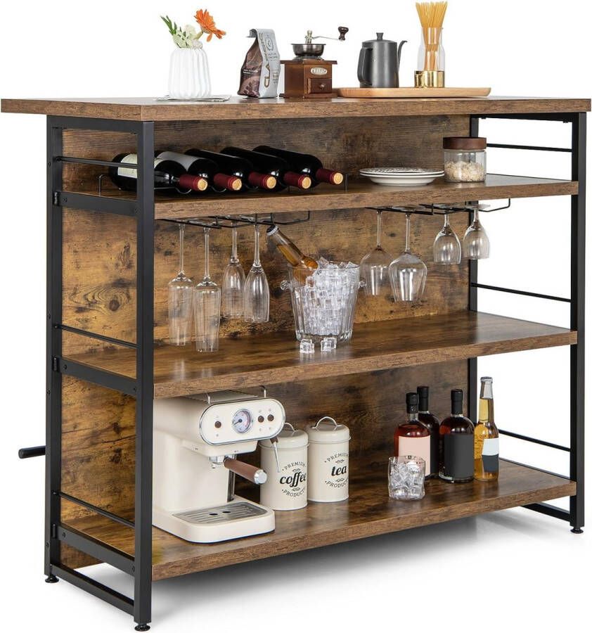 Huisbar kast keukenrek met 4 open planken wijnrek en glashouder staand rek 120 x 60 x 101 cm barkast met voetensteun en verstelbare voetkussens rustiek bruin